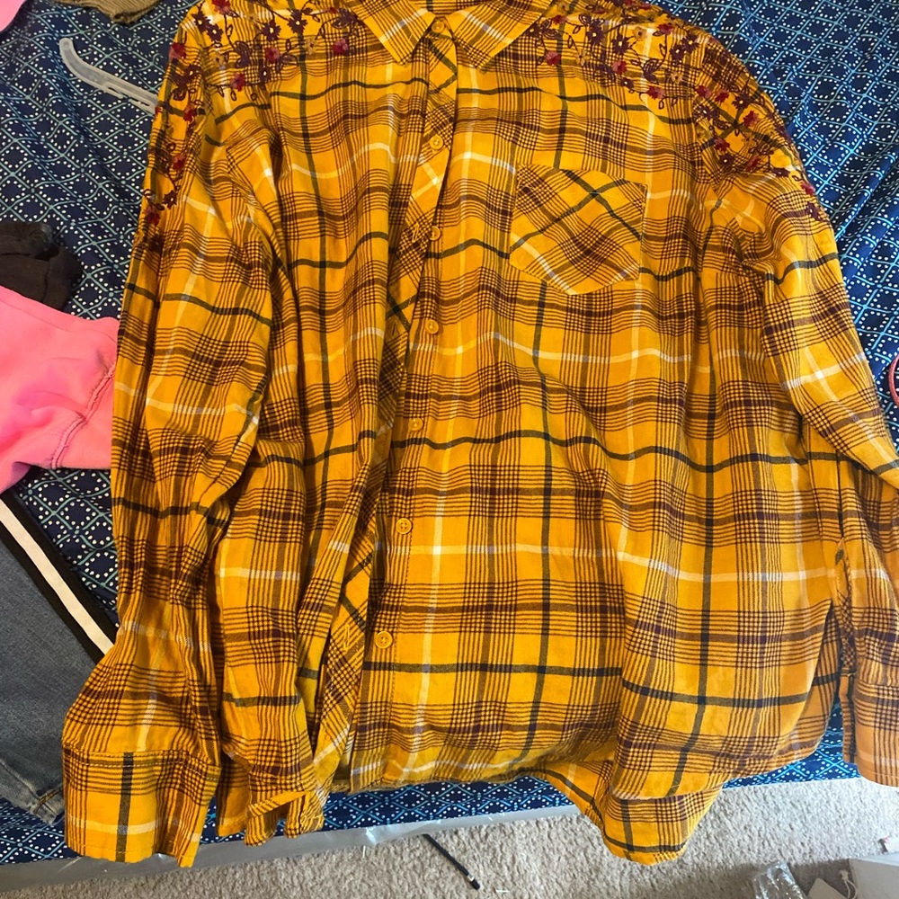 Terra Sky Yellow Floral Embroidery Flannel Button Down Blouse